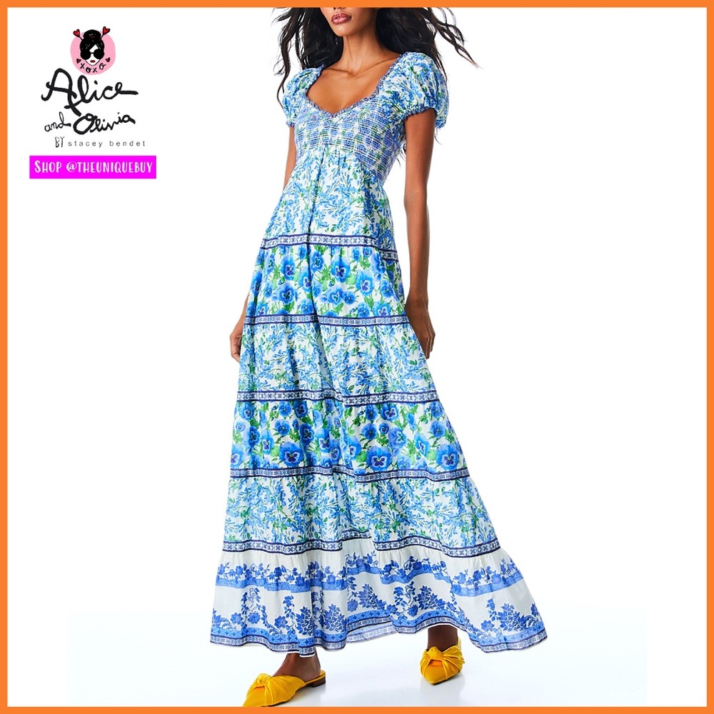 Alice + Olivia Rosalyn Floral Puff Sleeve Blue Maxi Dress - Picture 7 of 16